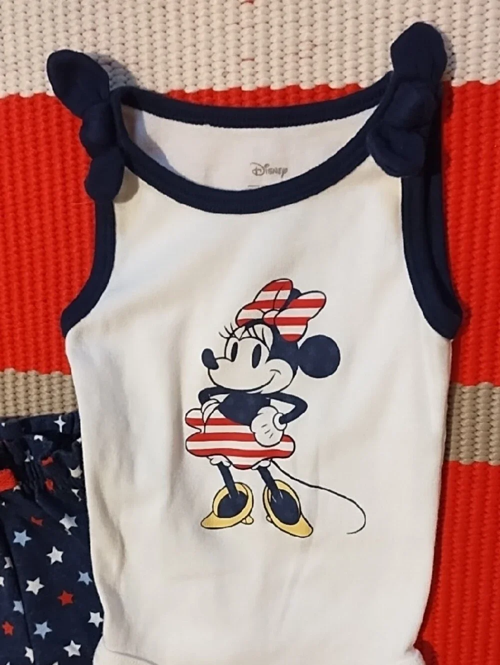 Disney Red, White, & Navy Minnie Mouse Tank Bodysuit with Navy Star Shorts 3 Mos